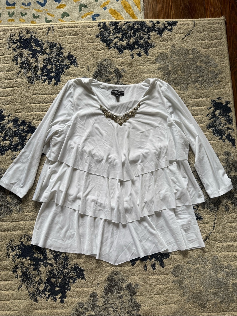 Susan Graver White Layered Ruffle Tunic with Beaded Neckline